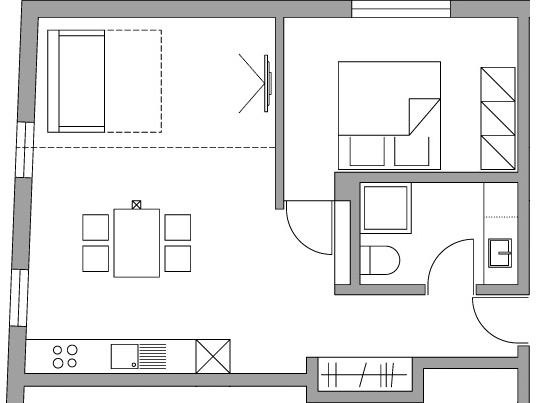 Grundriss des Appartements Hangspitz mit Schlafzimmer, Bad, Küche und Wohnraum