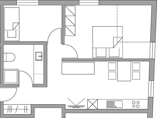 Grundriss des Appartements Kanisfluh mit zwei Schlafzimmern, Bad, Küche und Wohnraum
