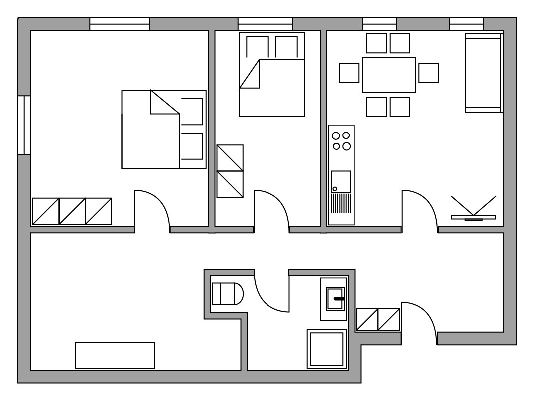 Grundriss des Appartements Mittagsspitze mit zwei Schlafzimmern, Wohnraum mit Küche und Bad